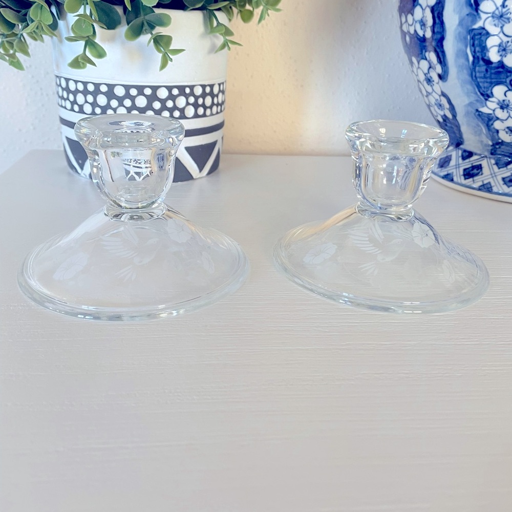 Vintage Avon Crystal Glass etched bird floral Candle Holders set of 2
